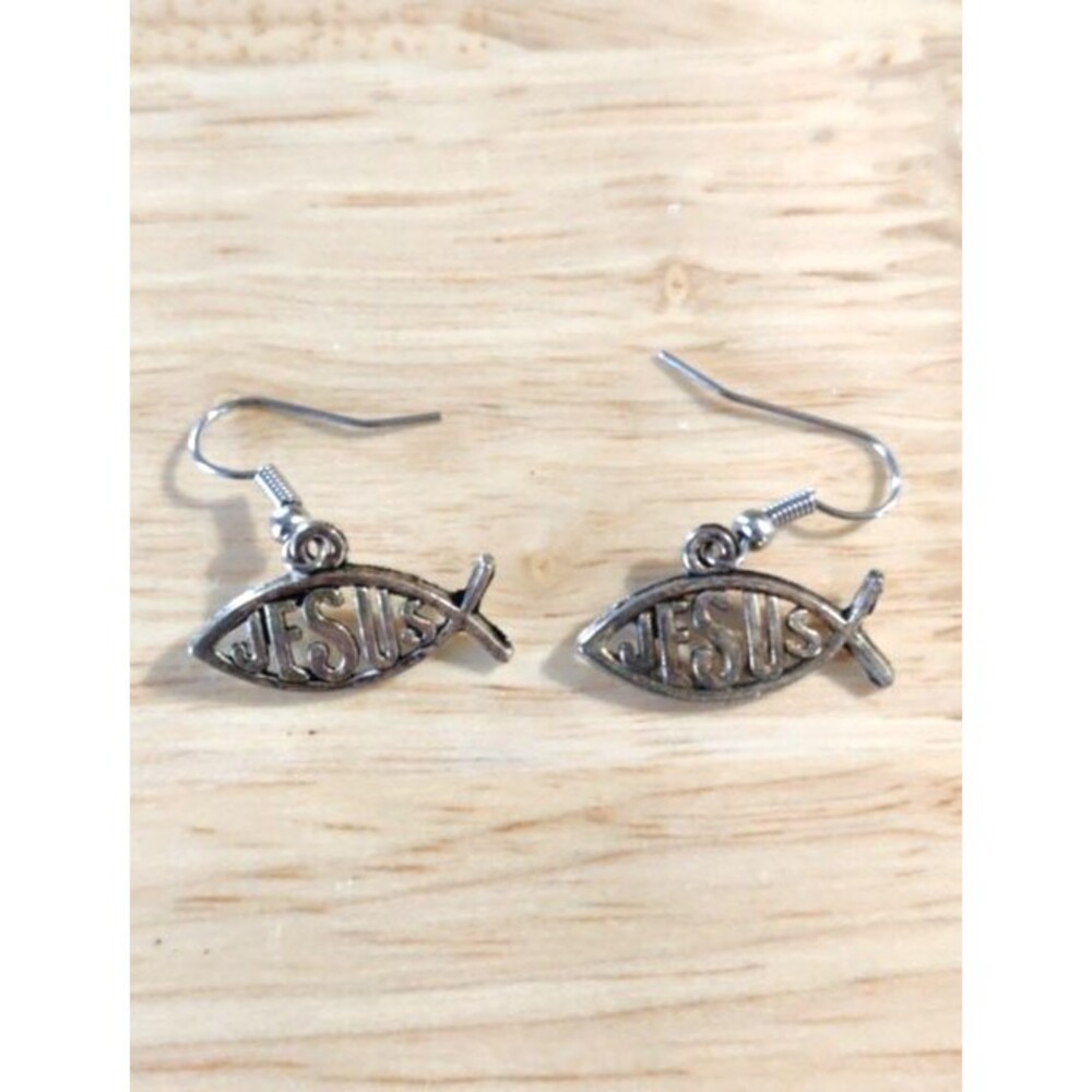 Religious Jesus Fish Charm Pierced Dangle Earrings Jewelry Faith Christian VG